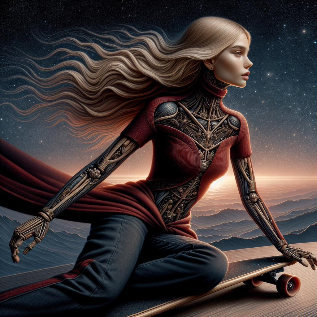 Futuristic female figure with robotic arms on skateboard