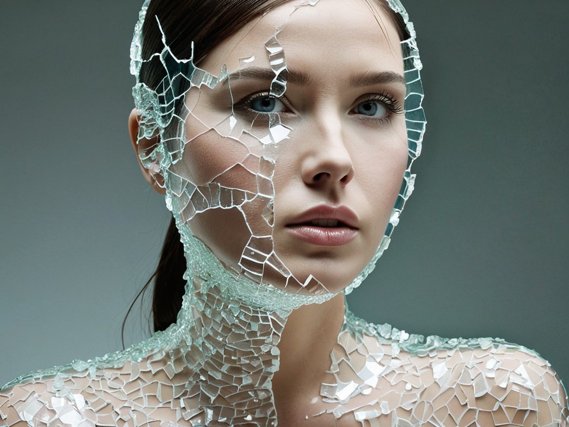 Portrait of a woman made of shattered glass fragments