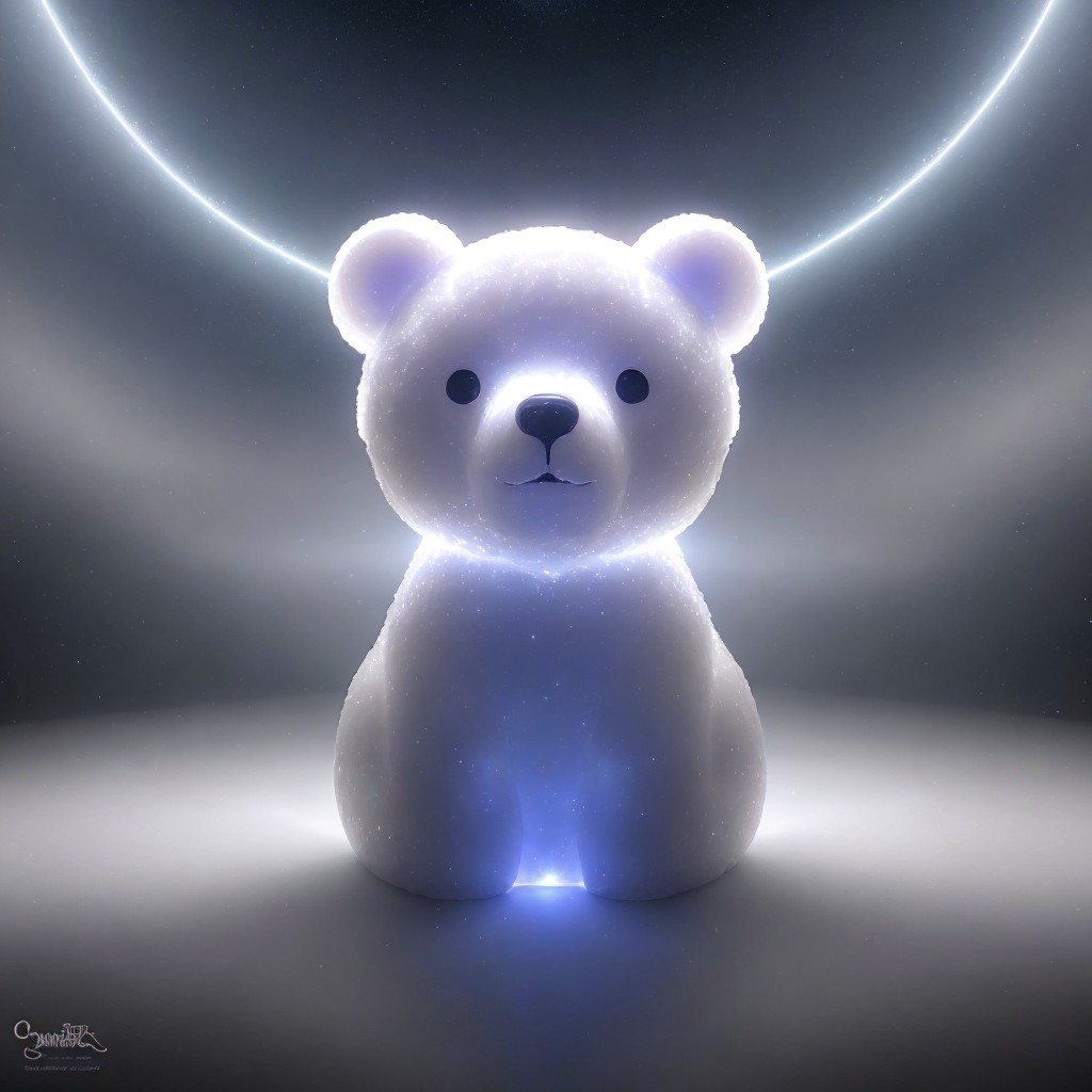 Stylized glowing bear figurine in a dim space