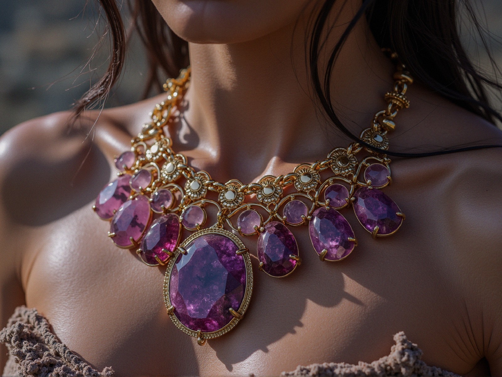 Extravagant Gold Necklace with Purple Gemstones