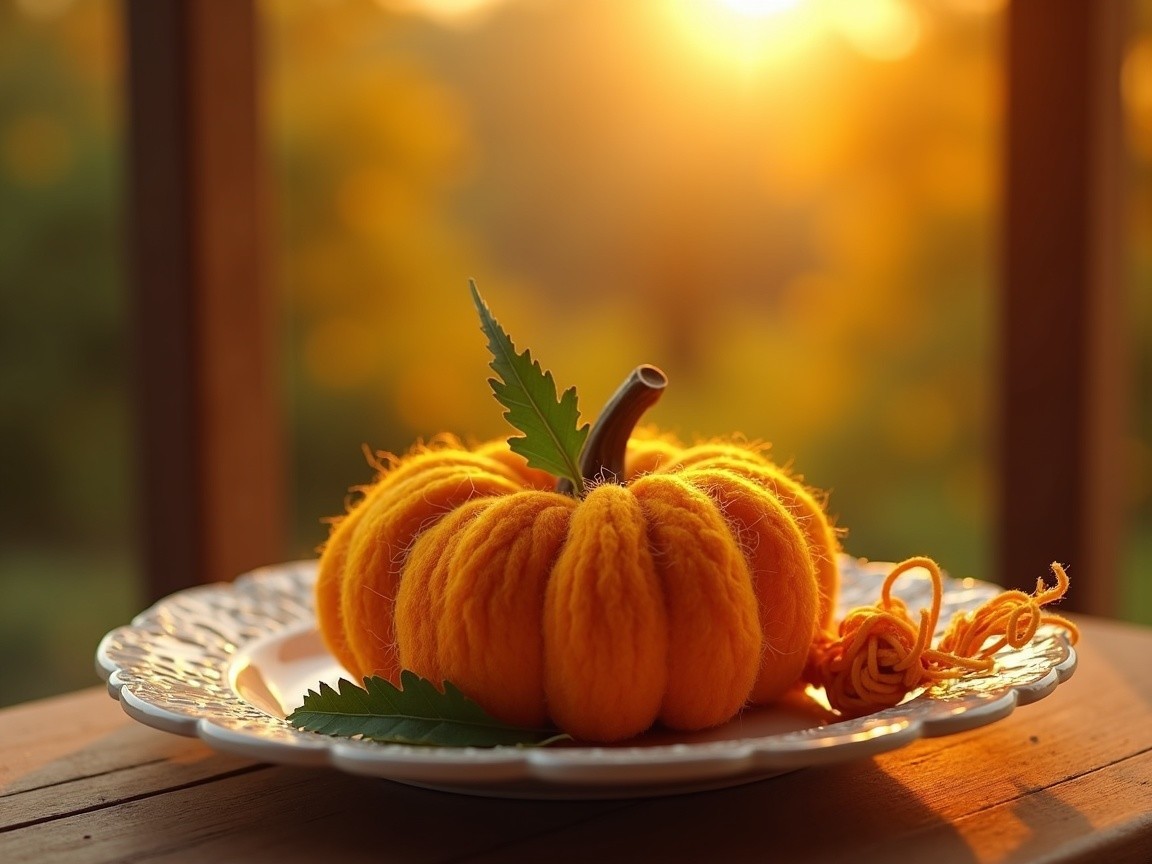 Yarn Pumpkin on White Plate with Sunset Background