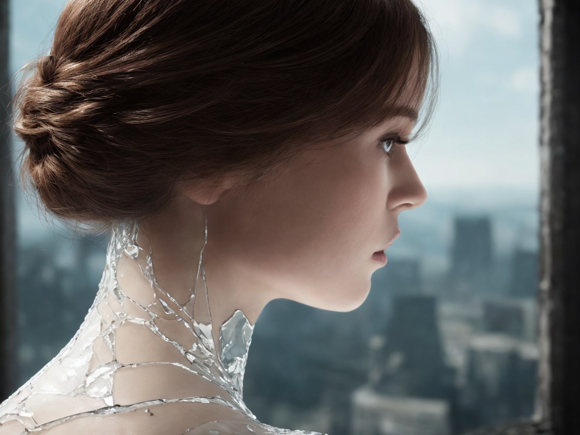 Young woman with surreal glass-like skin in urban setting