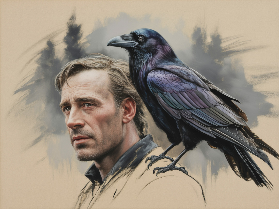 Brooding Man with Raven in Mystical Natural Setting