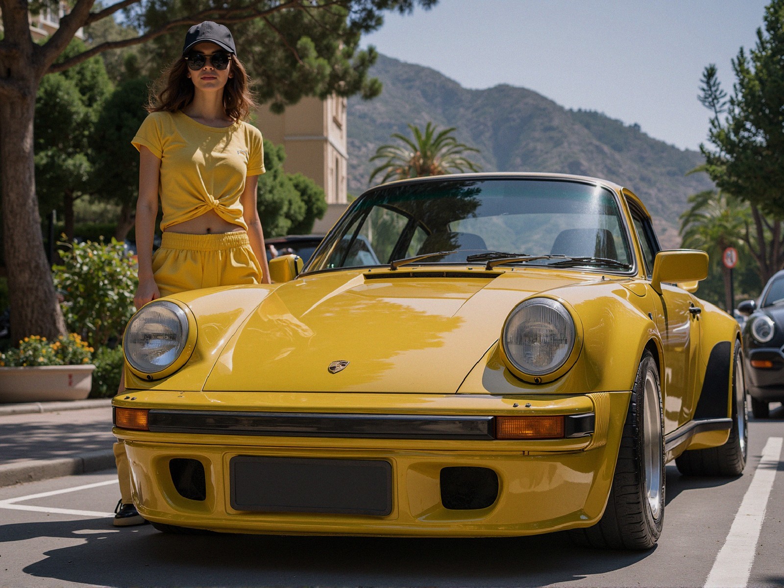 Stylish Woman in Yellow Next to Bright Yellow Porsche 911
