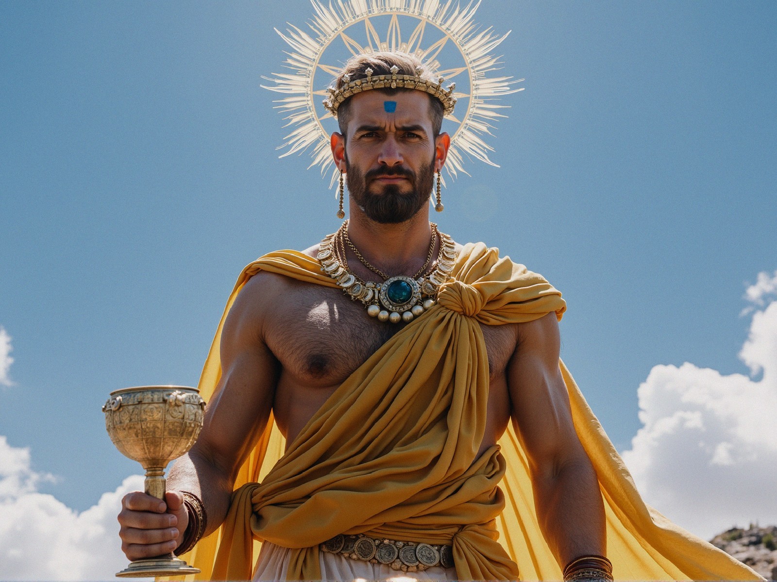 Muscular Figure in Golden Robe Against Blue Sky
