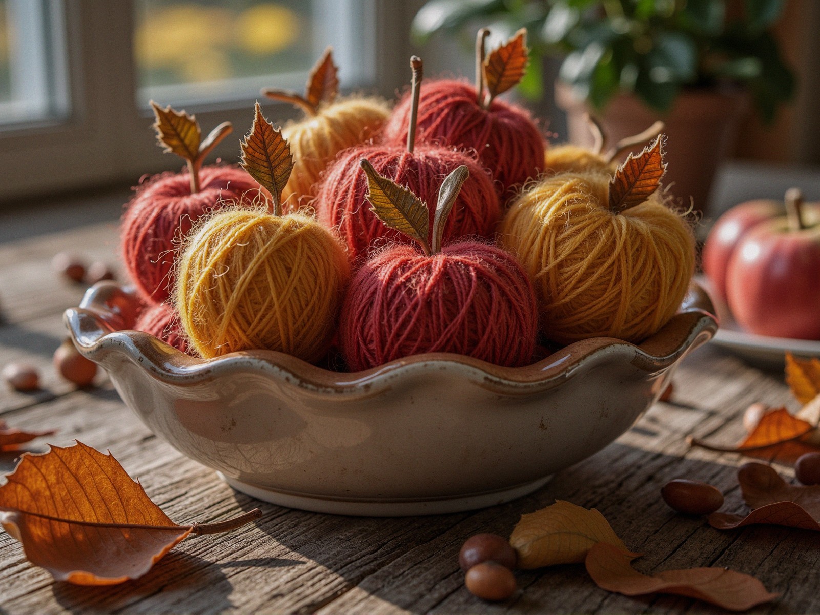 Decorative Bowl with Autumn Yarn Balls and Leaves