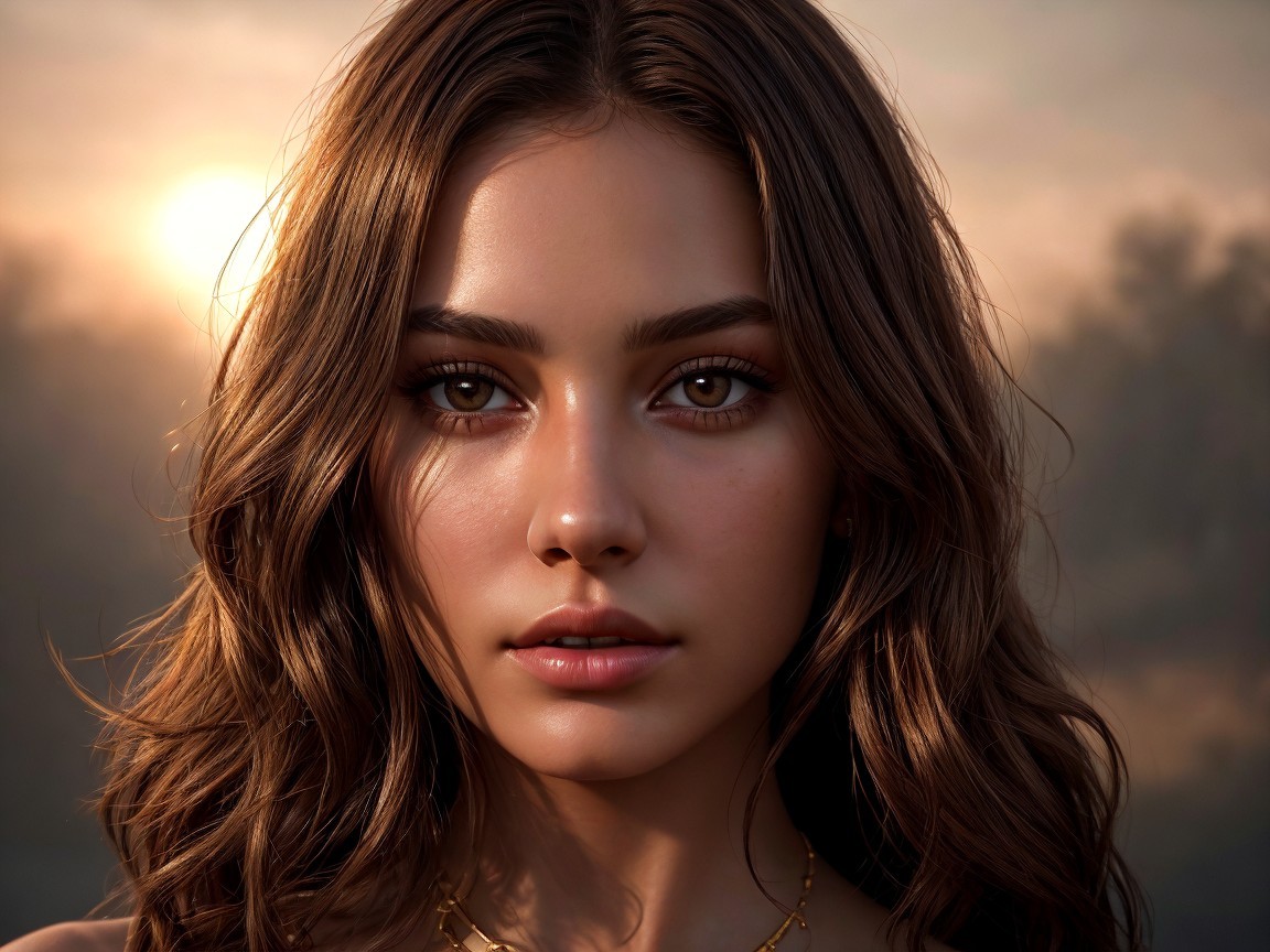 Young woman with wavy hair in golden sunset light