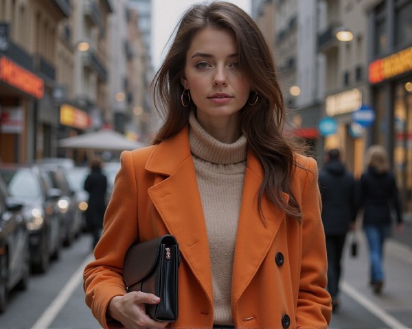 Young woman in orange coat on urban street scene