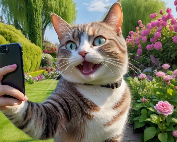 Playful Cat with Blue Eyes in Vibrant Flower Garden