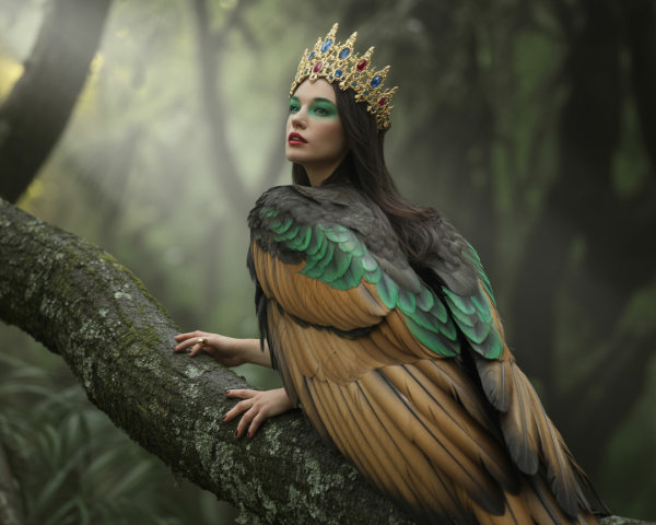 Mystical figure with feathered wings in enchanted forest