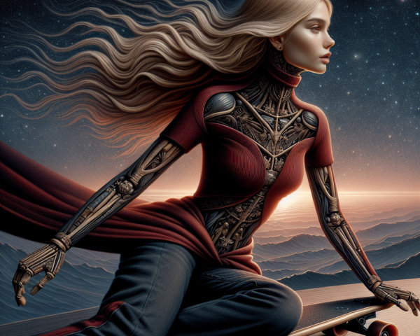 Futuristic female figure with robotic arms on skateboard