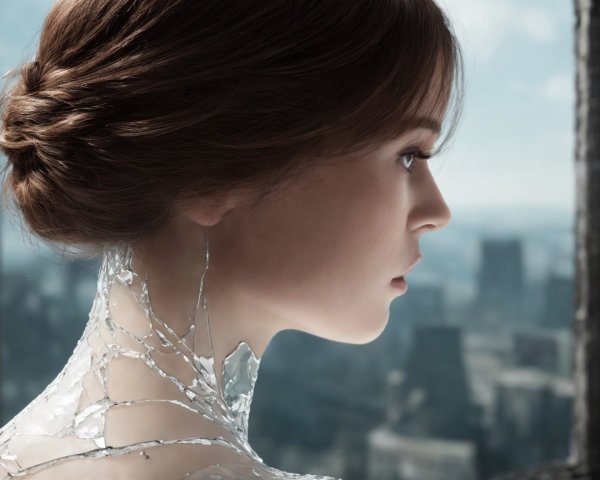 Young woman with surreal glass-like skin in urban setting