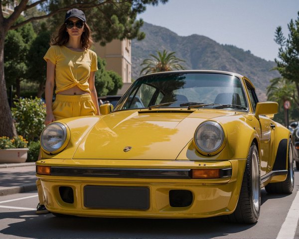 Stylish Woman in Yellow Next to Bright Yellow Porsche 911