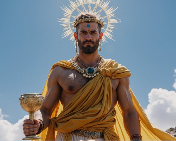 Muscular Figure in Golden Robe Against Blue Sky