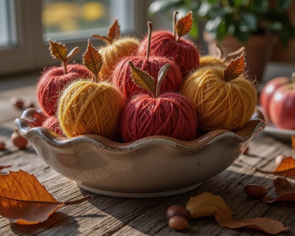 Decorative Bowl with Autumn Yarn Balls and Leaves
