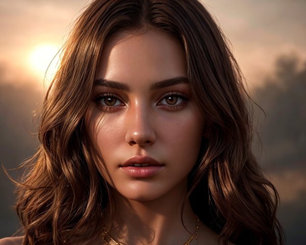 Young woman with wavy hair in golden sunset light