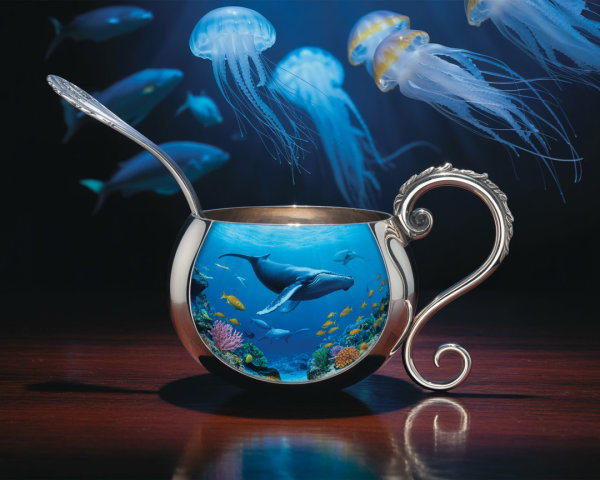 Ornate Silver Cup with Underwater Scene Displayed