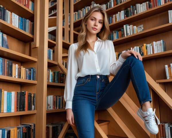 Young woman in library staircase with books and style