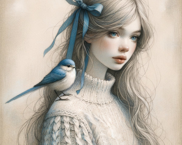 Delicate girl with blue bow and small bluebird