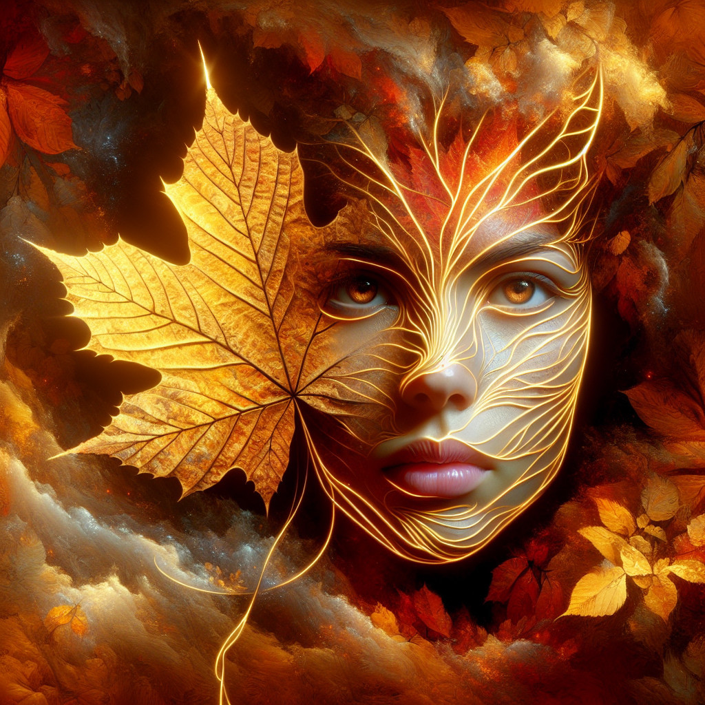 Surreal Woman's Face with Glowing Veins and Leaves