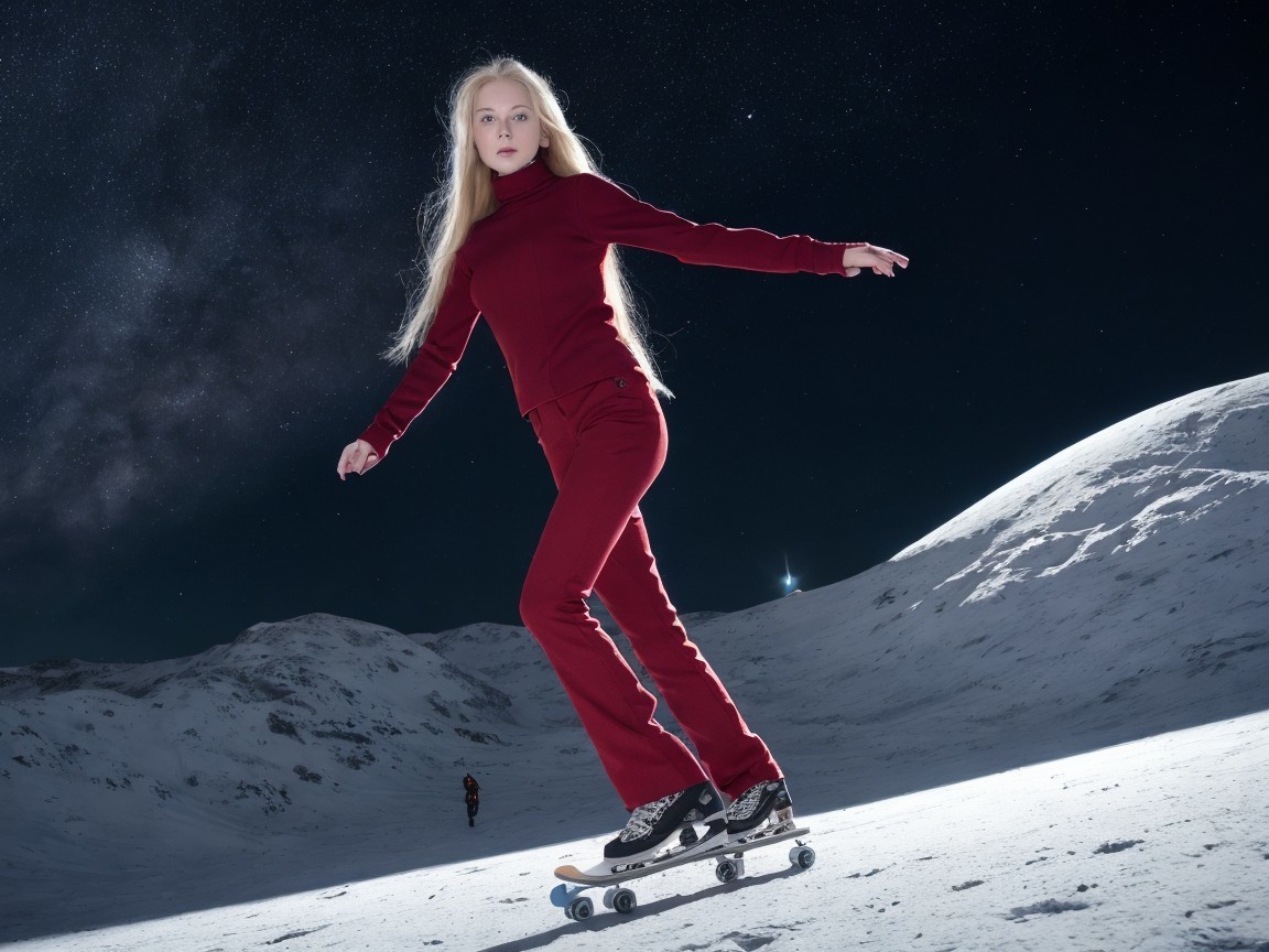 Young Woman Roller Skating on Snowy Night Landscape