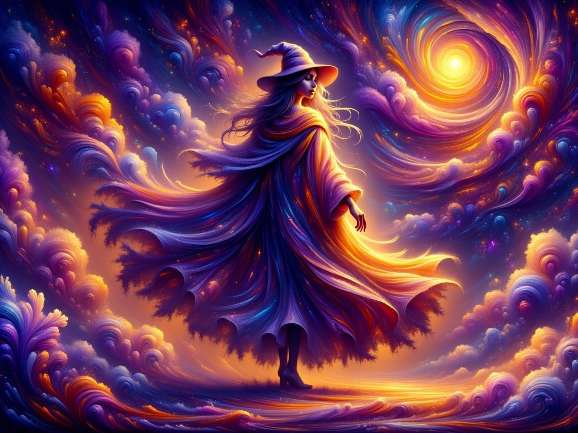 Mystical figure in colorful cloak against cosmic backdrop