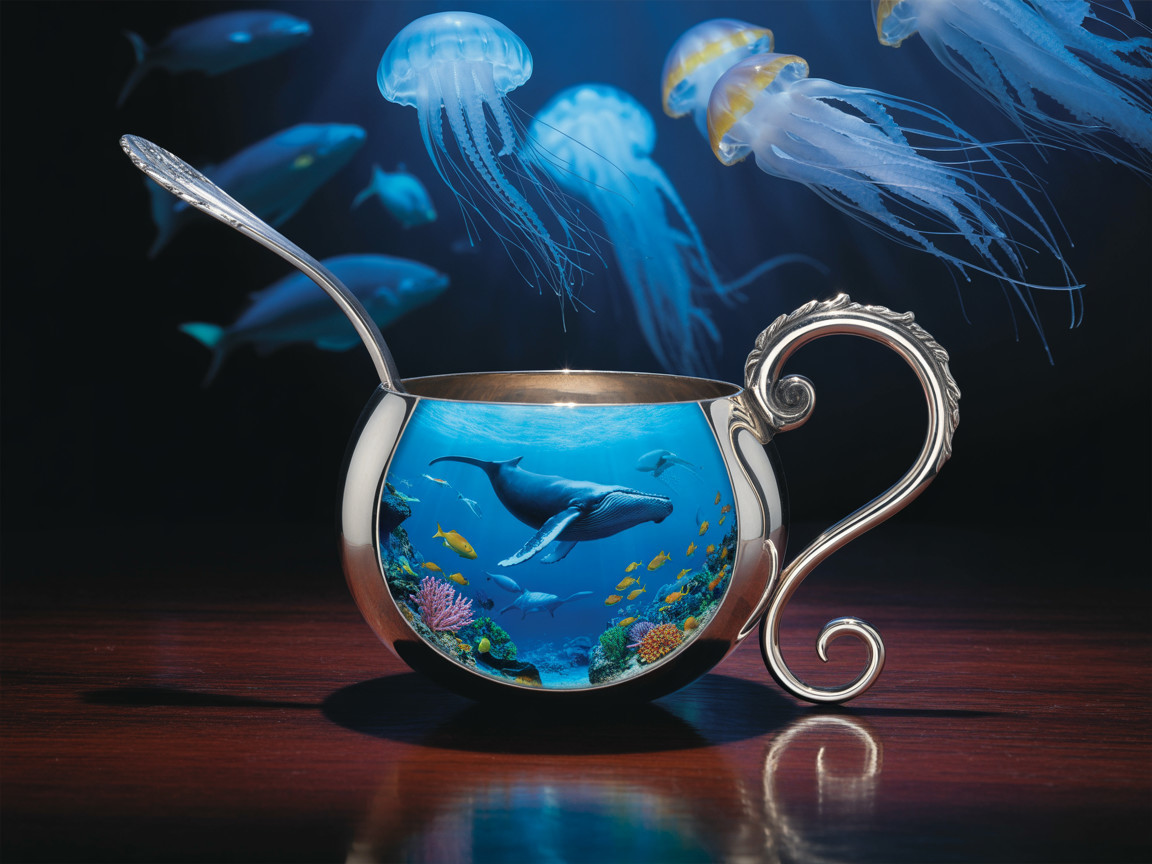 Ornate Silver Cup with Underwater Scene Displayed
