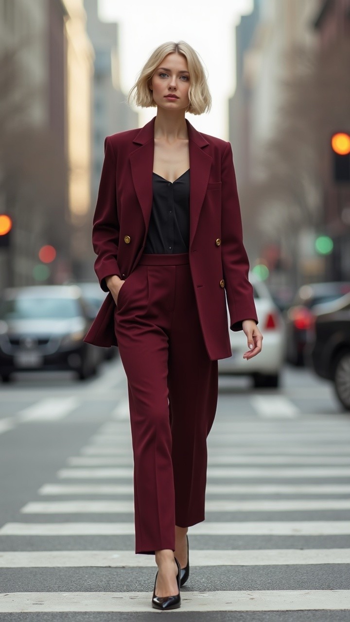 Woman in burgundy pantsuit walks confidently in city