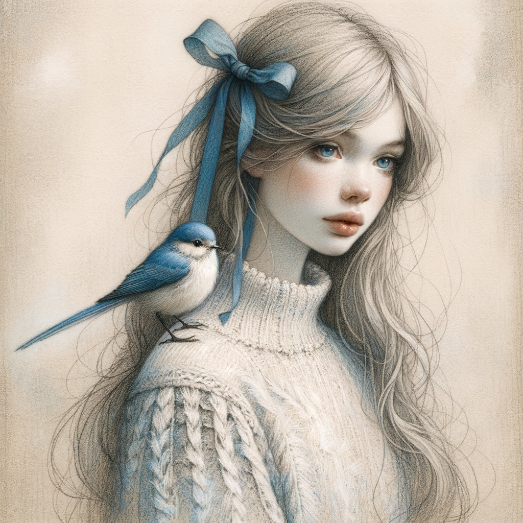 Delicate girl with blue bow and small bluebird
