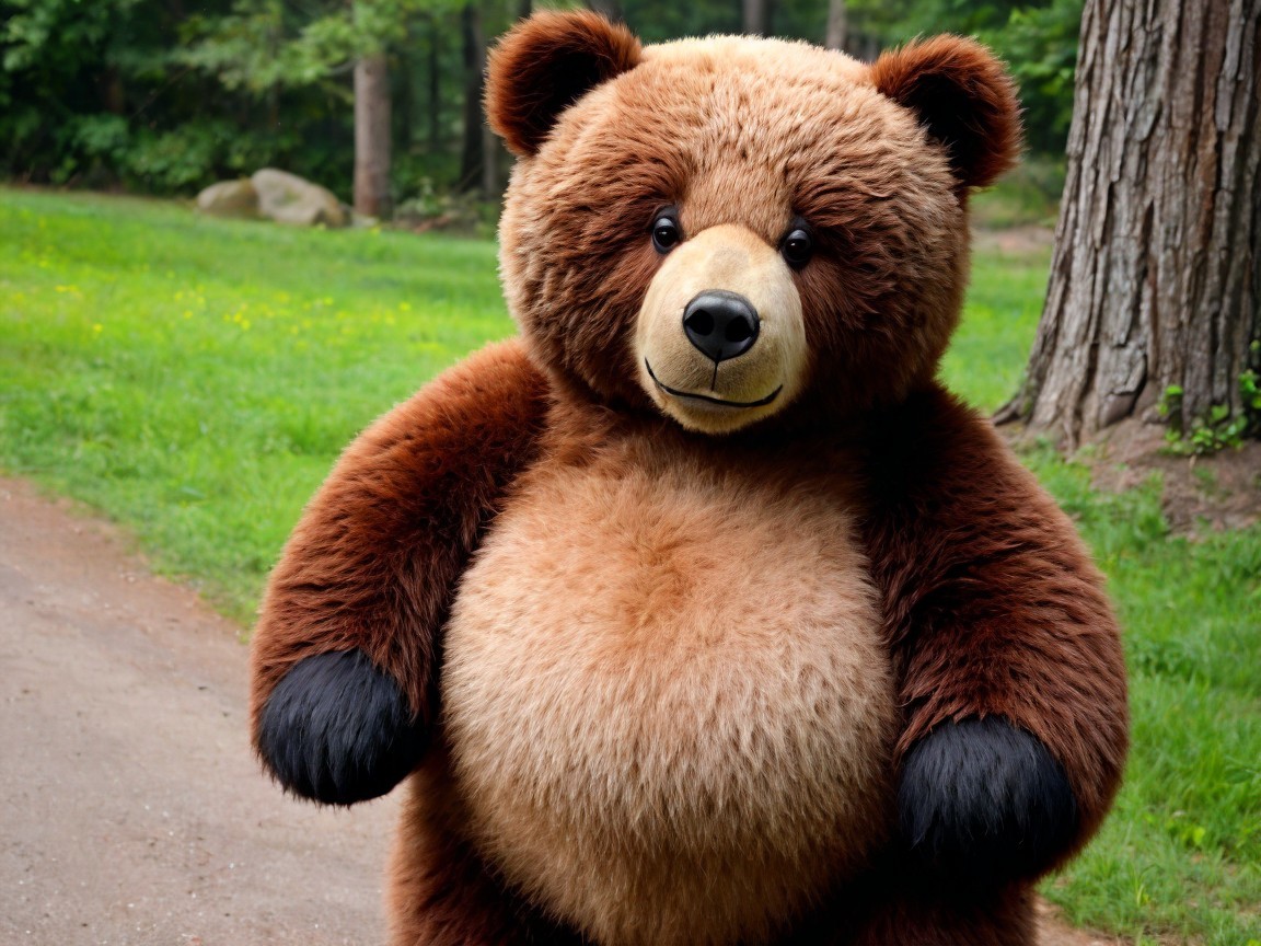Fluffy Bear in Lush Green Forest Setting