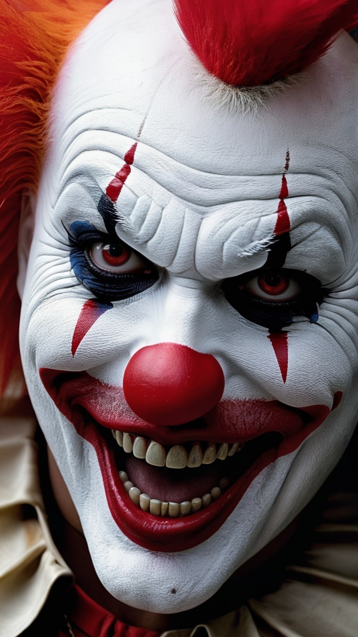 Menacing Clown with Bright Orange Hair and Grin