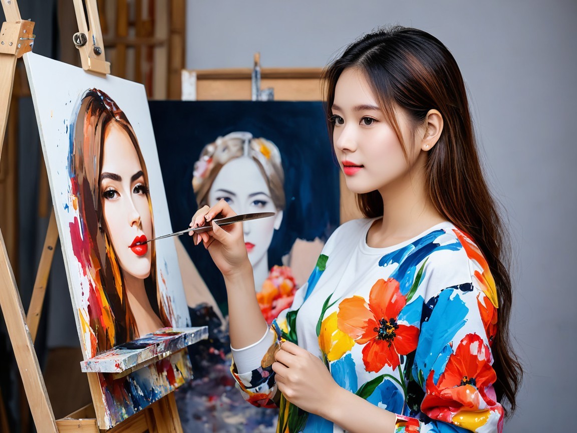 Young Woman Painting a Portrait at an Easel