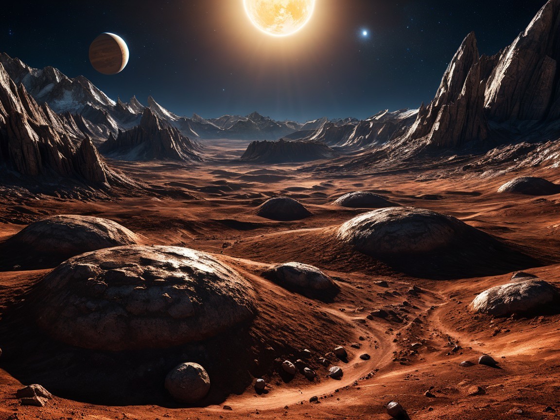 Twilight Alien Landscape with Stars and Mountains