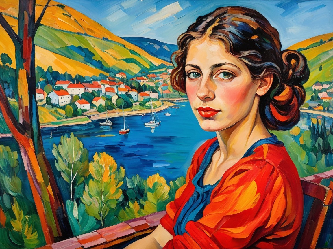 Young woman with red hair in vibrant river landscape