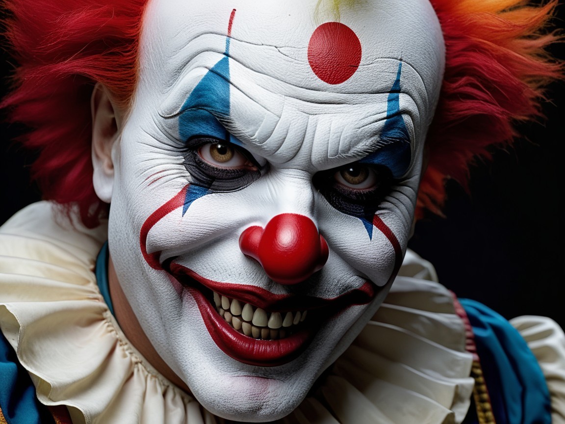 Close-up of a clown with vivid face paint and hair