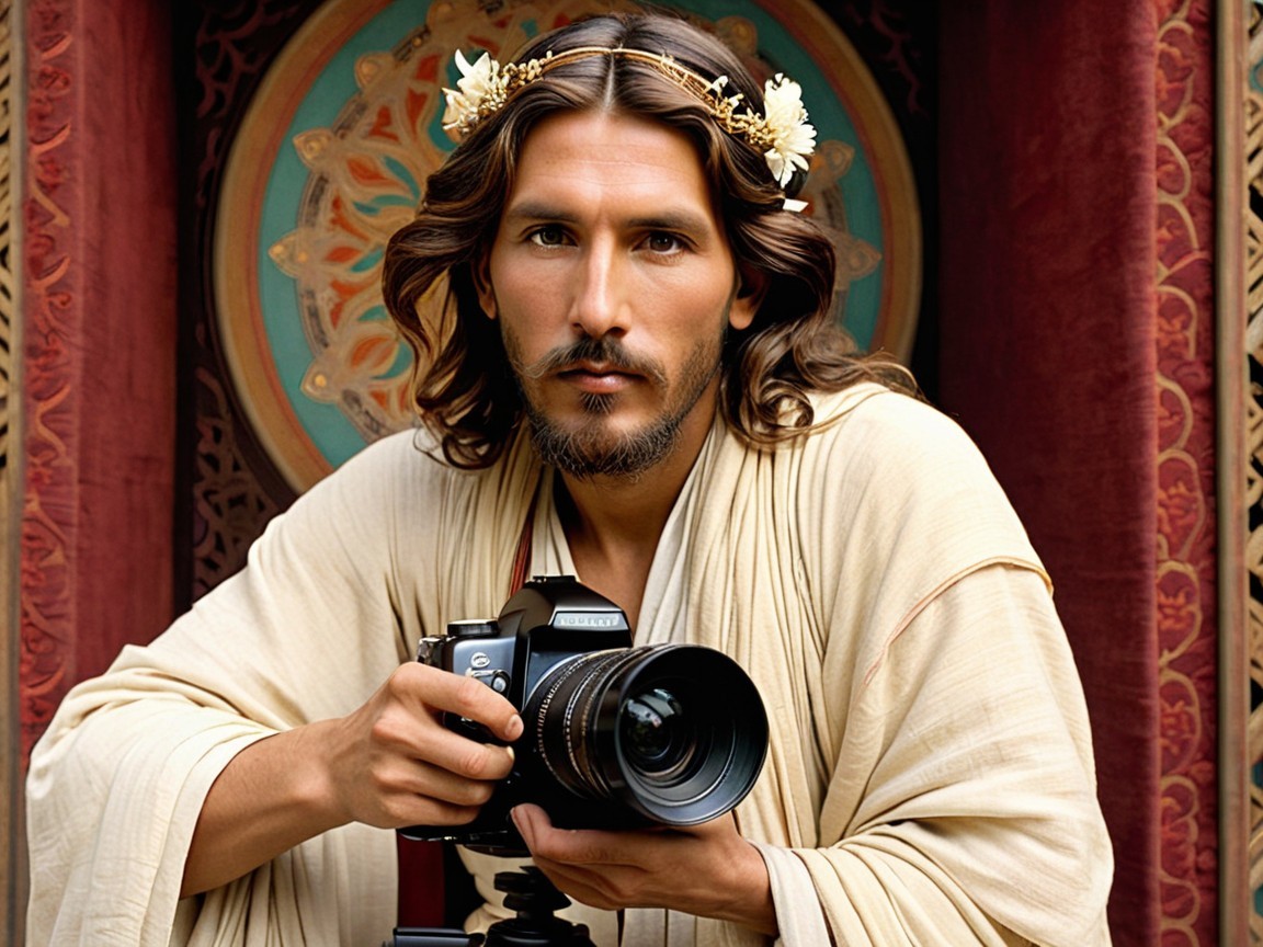 Man with Floral Crown and Camera in Artistic Setting
