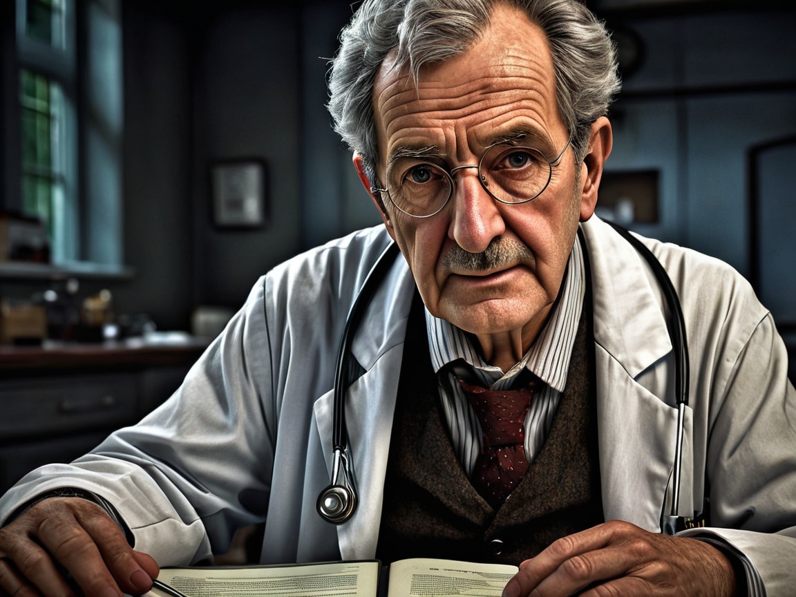 Elderly Doctor Studying in Dimly Lit Medical Room