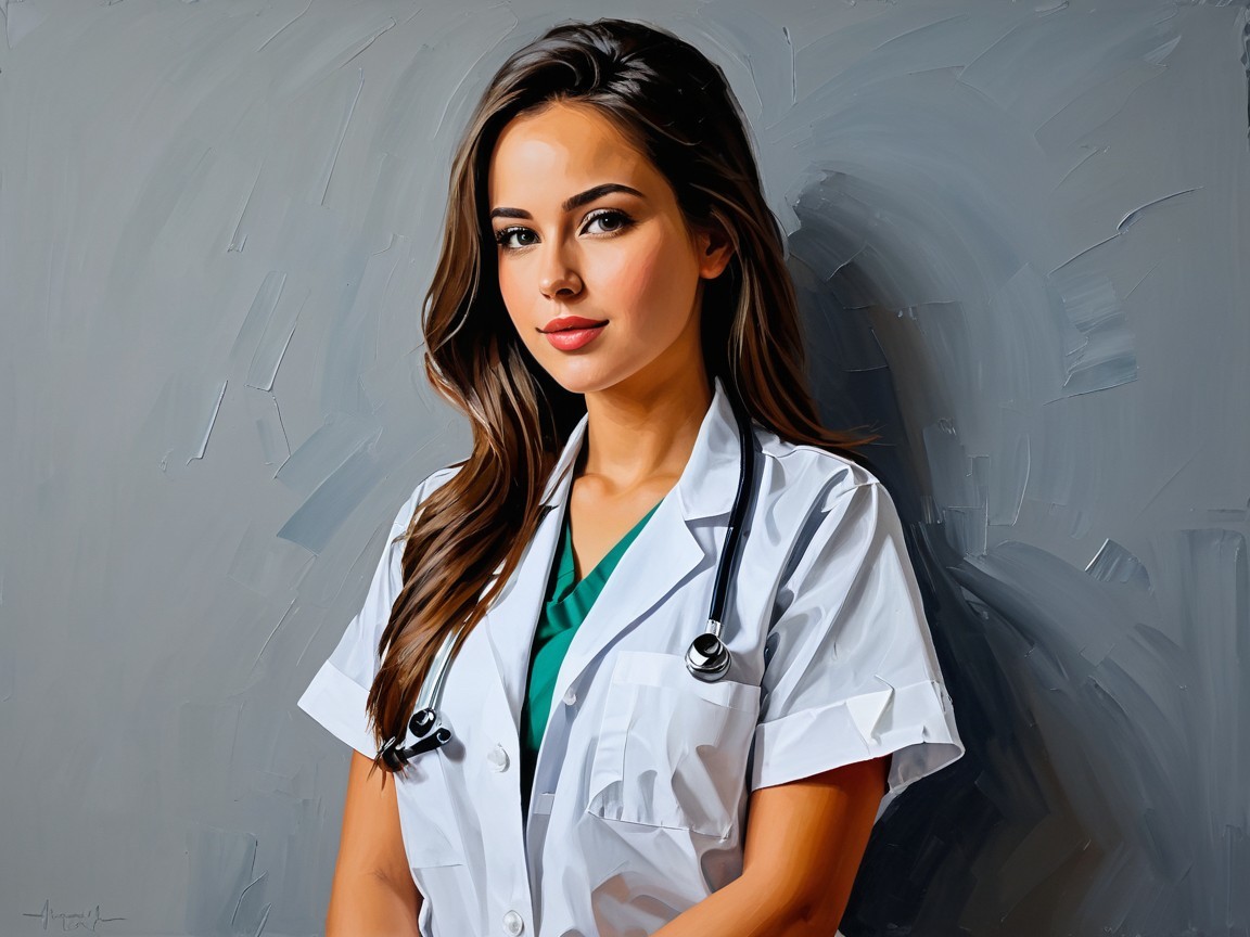 Young woman in lab coat with stethoscope and calm demeanor
