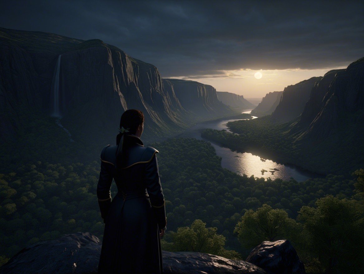 Lone Figure Overlooking Valley at Sunset with Mountains