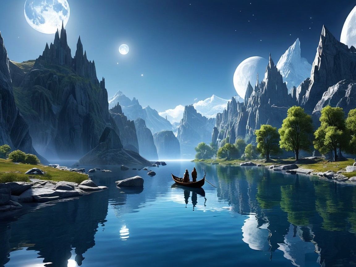 Tranquil River Landscape with Mountains and Moons