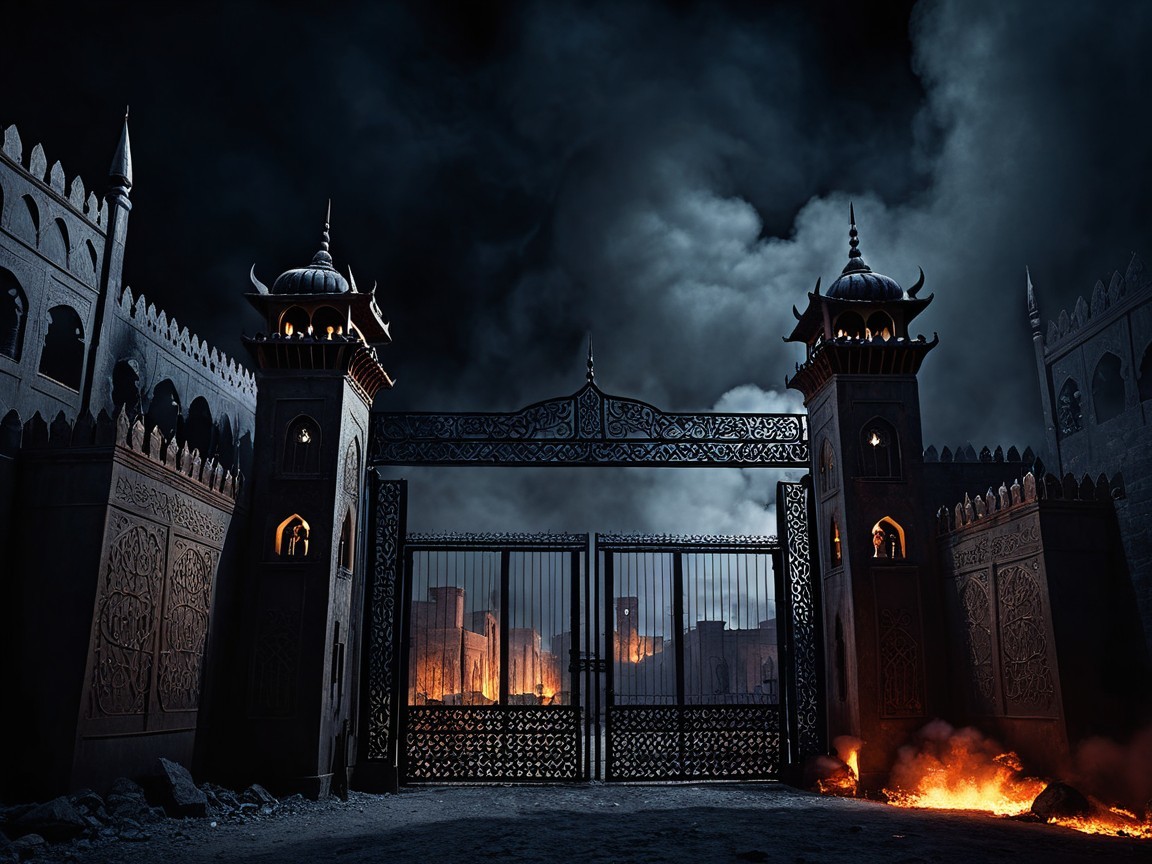 Ornate gate with towering walls and ominous clouds