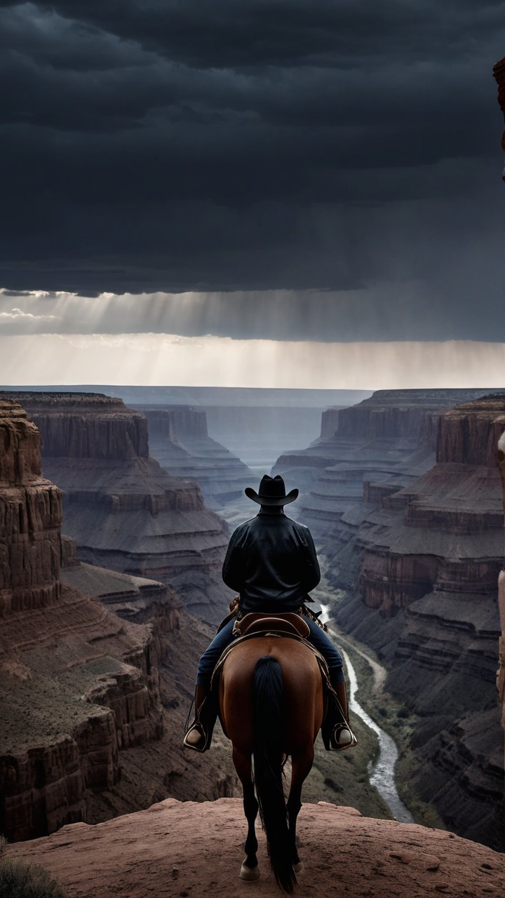 Cowboy Overlooking Dramatic Canyon Landscape with Clouds
