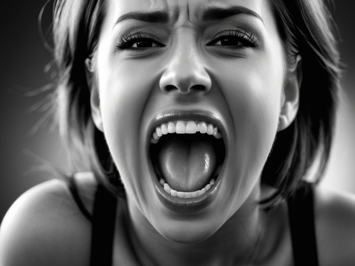 Black-and-white portrait of a screaming woman