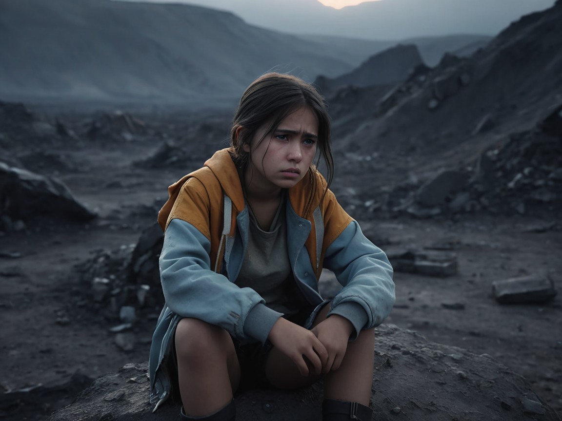 Young girl in colorful hoodie on rocky, desolate terrain