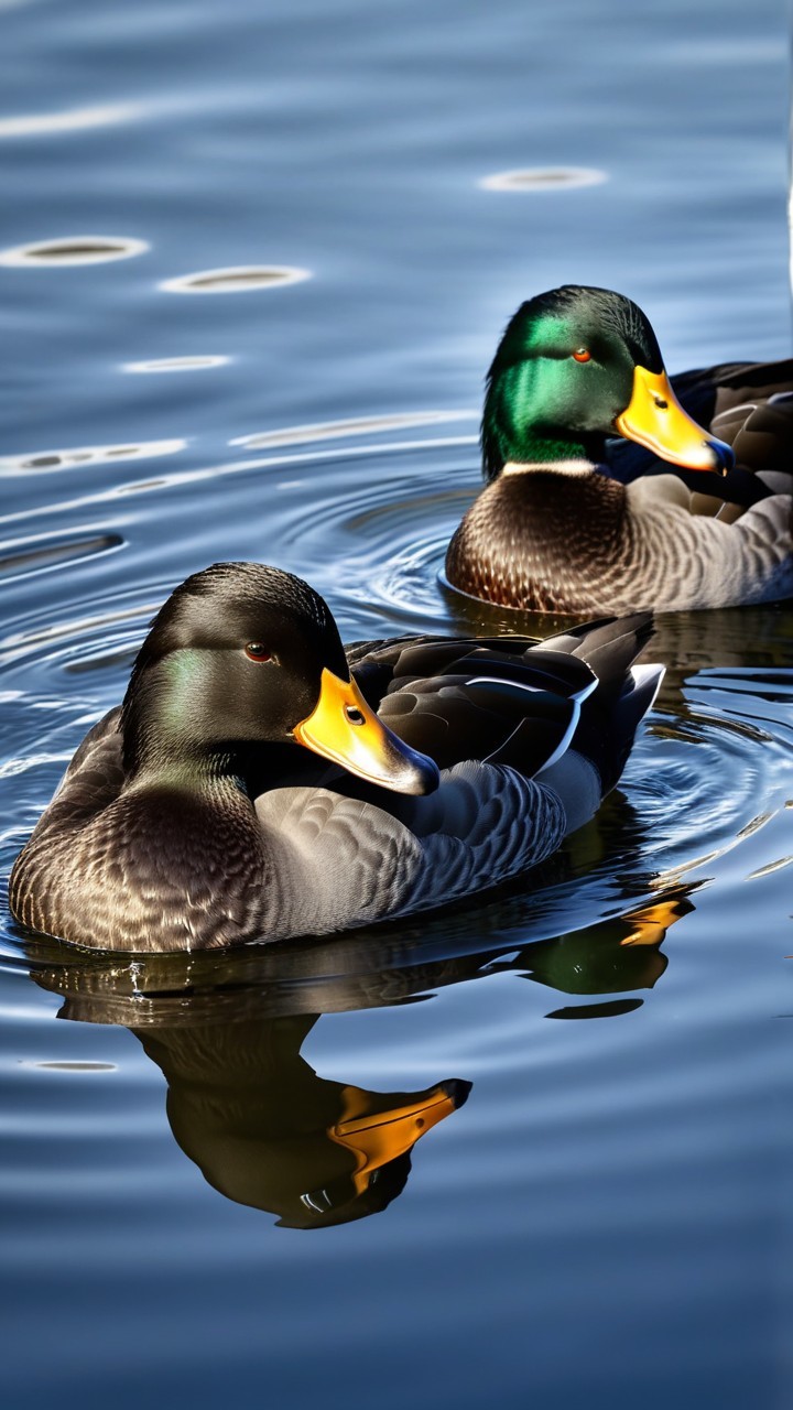 Male Ducks Gliding on Shimmering Water Surface