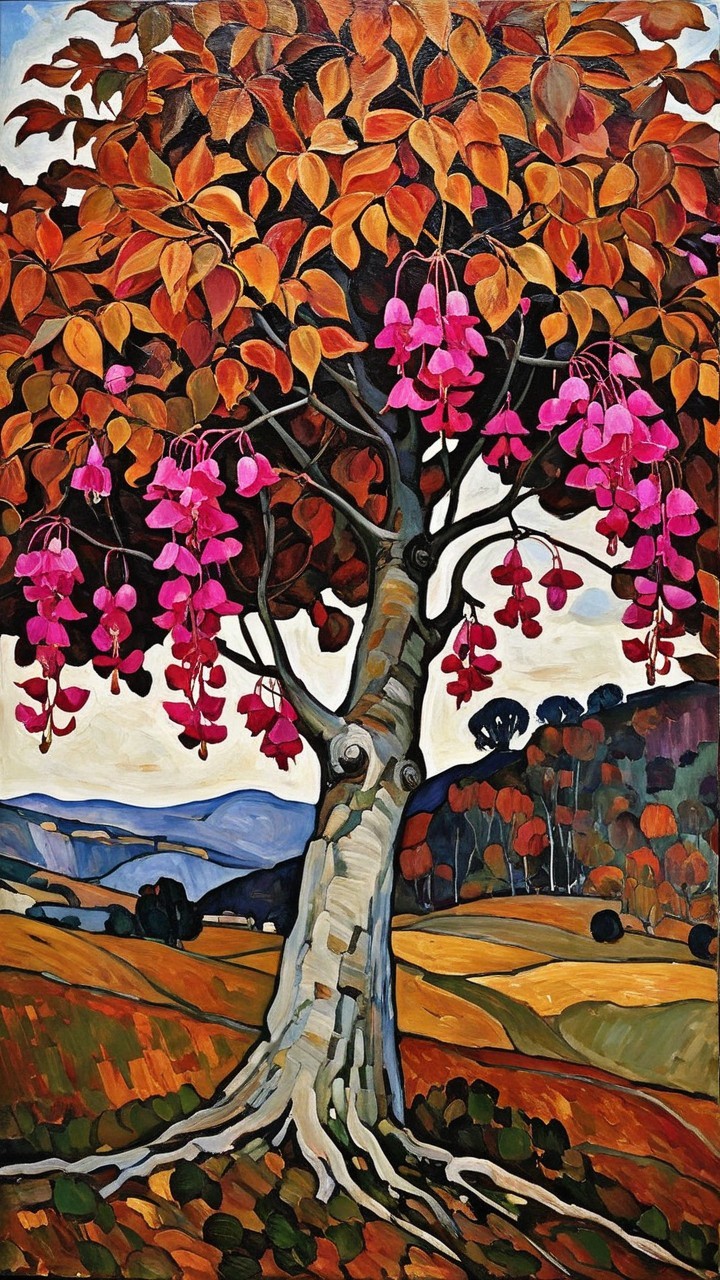 Vibrant Autumn Landscape with Pink Flowering Tree