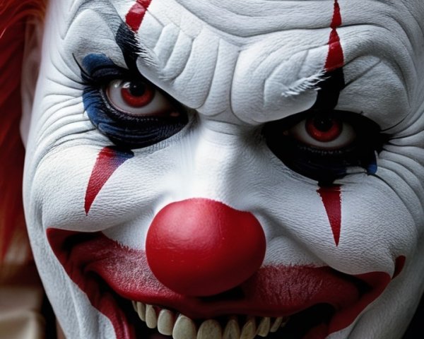 Menacing Clown with Bright Orange Hair and Grin