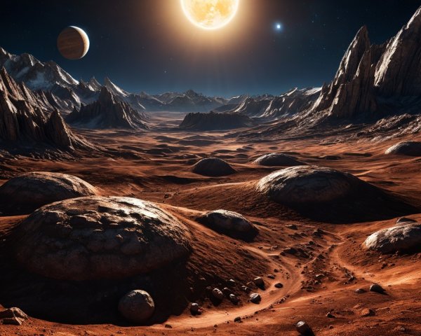 Twilight Alien Landscape with Stars and Mountains