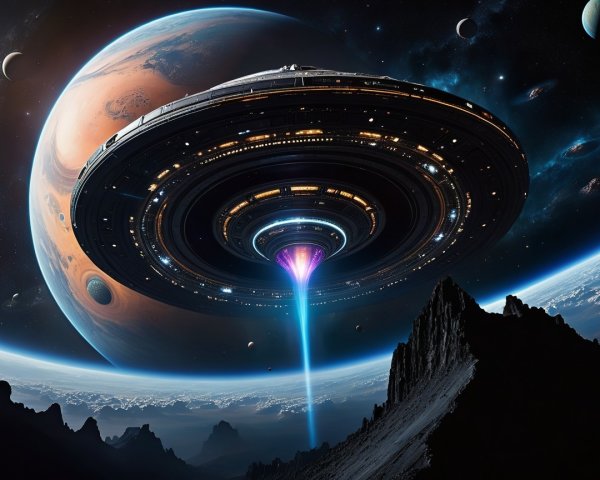 Futuristic spacecraft over alien landscape with vivid sky