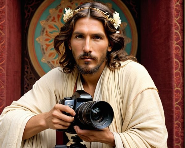 Man with Floral Crown and Camera in Artistic Setting